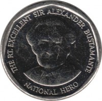 Jamaica coin 1 Dollar - Elizabeth II - Round (2008 - 2015) reverse reverse of 1 Dollar - Elizabeth II - Round (2008 - 2015) coin with KM# 189 from Jamaica. Inscription: THE RT. EXCELLENT SIR ALEXANDER BUSTAMANTE NATIONAL HERO
