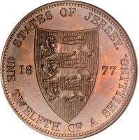 reverse of 1/12 Shilling - Victoria (1877 - 1894) coin with KM# 8 from Jersey. Inscription: STATES OF JERSEY. 18 77 ONE TWELFTH OF A SHILLING.