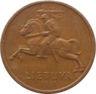 obverse of 50 Centų (1991) coin with KM# 90 from Lithuania. Inscription: LIETUVA 1991