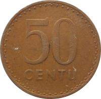 reverse of 50 Centų (1991) coin with KM# 90 from Lithuania. Inscription: 50 CENTŲ