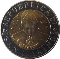 obverse of 500 Lire - Exploration (1999) coin with KM# 394 from San Marino. Inscription: REPUBBLICA DI SAN MARINO