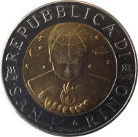 San Marino coin 500 Lire - Exploration (1999) obverse obverse of 500 Lire - Exploration (1999) coin with KM# 394 from San Marino. Inscription: REPUBBLICA DI SAN MARINO