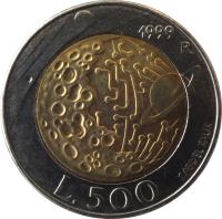reverse of 500 Lire - Exploration (1999) coin with KM# 394 from San Marino. Inscription: L.500 1999 R