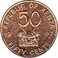 Kenya coin 50 Cents (1995 - 1997) reverse reverse of 50 Cents (1995 - 1997) coin with KM# 28 from Kenya. Inscription: REPUBLIQUE OF KENYA 50 19 97 FIFTY CENTS