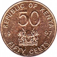 reverse of 50 Cents (1995 - 1997) coin with KM# 28 from Kenya. Inscription: REPUBLIQUE OF KENYA 50 19 97 FIFTY CENTS