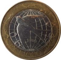 reverse of 1000 Lire - Liberty (2000) coin with KM# 405 from San Marino. Inscription: L.1000
