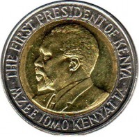 Kenya coin 20 Shillings (2005 - 2010) obverse obverse of 20 Shillings (2005 - 2010) coin with KM# 36 from Kenya. Inscription: THE FIRST PRESIDENT OF KENYA · MZEE JOMO KENYATTA ·