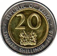 reverse of 20 Shillings (2005 - 2010) coin with KM# 36 from Kenya. Inscription: REPUBLIC OF KENYA 20 · TWENTY SHILLINGS 2010 ·