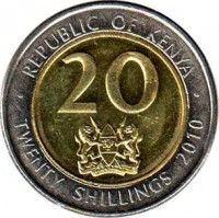 Kenya coin 20 Shillings (2005 - 2010) reverse reverse of 20 Shillings (2005 - 2010) coin with KM# 36 from Kenya. Inscription: REPUBLIC OF KENYA 20 · TWENTY SHILLINGS 2010 ·