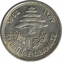 Lebanon coin 5 Piastres (1952) obverse obverse of 5 Piastres (1952) coin with KM# 14 from Lebanon. Inscription: 1952 ١٩٥٢ الجمهورية اللبنانية REPUBLIQUE LIBANAISE