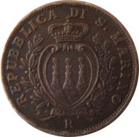 San Marino coin 10 Centesimi (1935 - 1938) obverse obverse of 10 Centesimi (1935 - 1938) coin with KM# 13 from San Marino. Inscription: REPUBBLICA DI S. MARINO R