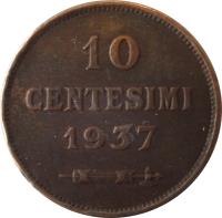 San Marino coin 10 Centesimi (1935 - 1938) reverse reverse of 10 Centesimi (1935 - 1938) coin with KM# 13 from San Marino. Inscription: 10 CENTESIMI 1937