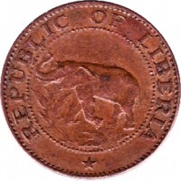 obverse of 1 Cent (1960 - 1984) coin with KM# 13 from Liberia. Inscription: REPUBLIC OF LIBERIA *