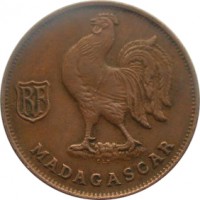 obverse of 1 Franc (1943) coin with KM# 2 from Madagascar. Inscription: RF MADAGASCAR