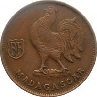 Madagascar coin 1 Franc (1943) obverse obverse of 1 Franc (1943) coin with KM# 2 from Madagascar. Inscription: RF MADAGASCAR