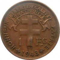 reverse of 1 Franc (1943) coin with KM# 2 from Madagascar. Inscription: HONNEUR LIBERTE · EGALITE PATRIE · FRATERNITE · 1 Fc C.L.S 1943