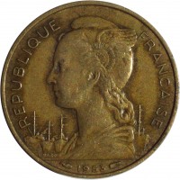obverse of 20 Francs (1953) coin with KM# 7 from Madagascar. Inscription: REPUBLIQUE FRANCAISE 1953