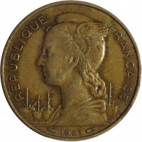 Madagascar coin 20 Francs (1953) obverse obverse of 20 Francs (1953) coin with KM# 7 from Madagascar. Inscription: REPUBLIQUE FRANCAISE 1953