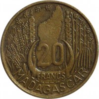reverse of 20 Francs (1953) coin with KM# 7 from Madagascar. Inscription: 20 FRANCS MADAGASCAR