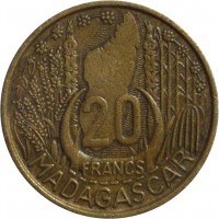 Madagascar coin 20 Francs (1953) reverse reverse of 20 Francs (1953) coin with KM# 7 from Madagascar. Inscription: 20 FRANCS MADAGASCAR