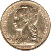 obverse of 10 Francs (1953) coin with KM# 6 from Madagascar. Inscription: REPUBLIQUE FRANCAISE 1953