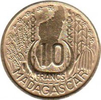 Madagascar coin 10 Francs (1953) reverse reverse of 10 Francs (1953) coin with KM# 6 from Madagascar. Inscription: 10 FRANCS MADAGASCAR