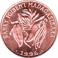 Madagascar coin 10 Francs - FAO (1996) obverse obverse of 10 Francs - FAO (1996) coin with KM# 22 from Madagascar. Inscription: BANKY FOIBEN'I MADAGASIKARA .1996.