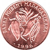 obverse of 10 Francs - FAO (1996) coin with KM# 22 from Madagascar. Inscription: BANKY FOIBEN'I MADAGASIKARA .1996.