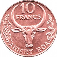 reverse of 10 Francs - FAO (1996) coin with KM# 22 from Madagascar. Inscription: 10 FRANCS ARIARY ROA