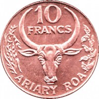 Madagascar coin 10 Francs - FAO (1996) reverse reverse of 10 Francs - FAO (1996) coin with KM# 22 from Madagascar. Inscription: 10 FRANCS ARIARY ROA