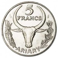 Madagascar coin 5 Francs (1966 - 1989) reverse reverse of 5 Francs (1966 - 1989) coin with KM# 10 from Madagascar. Inscription: 5 FRANCS ARIARY