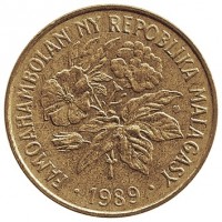 obverse of 20 Francs - FAO (1970 - 1989) coin with KM# 12 from Madagascar. Inscription: FAMOAHAMBOLAN' NY REPOBLIKA MALAGASY 1989