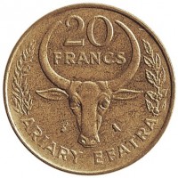Madagascar coin 20 Francs - FAO (1970 - 1989) reverse reverse of 20 Francs - FAO (1970 - 1989) coin with KM# 12 from Madagascar. Inscription: 20 FRANCS ARIARY EFATRA