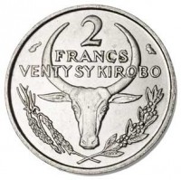 reverse of 2 Francs (1965 - 1989) coin with KM# 9 from Madagascar. Inscription: 2 FRANCS VENTY SY KIROBO