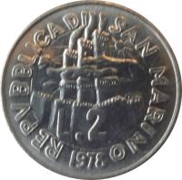obverse of 2 Lire - Work Life: Carpenter (1978) coin with KM# 77 from San Marino. Inscription: REPVBBLICA DI SAN MARINO 1978 L 2