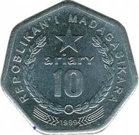 Madagascar coin 10 Ariary - FAO (1999) reverse reverse of 10 Ariary - FAO (1999) coin with KM# 27 from Madagascar. Inscription: REPOBLIKAN'I MADAGASIKARA ariary 10 1999