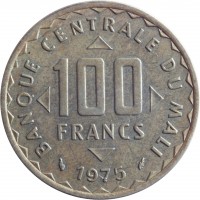 Mali coin 100 Francs - FAO (1975) reverse reverse of 100 Francs - FAO (1975) coin with KM# 10 from Mali. Inscription: 100 FRANCS BANQUE CENTRALE DU MALI 1975