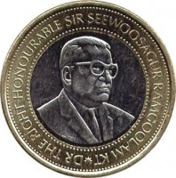 obverse of 20 Rupees - Bank of Mauritius (2007) coin with KM# 66 from Mauritius. Inscription: DR THE RIGHT HONOURABLE SIR SEEWOOSAGUR RAMGOOLAM KT