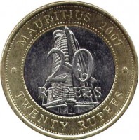 Mauritius coin 20 Rupees - Bank of Mauritius (2007) reverse reverse of 20 Rupees - Bank of Mauritius (2007) coin with KM# 66 from Mauritius. Inscription: MAURITIUS 2007 20 RUPEES TWENTY RUPEES