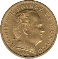 obverse of 50 Centimes - Rainier III (1962) coin with KM# 144 from Monaco. Inscription: RAINIER III PRINCE DE MONACO G. SIMON 1982