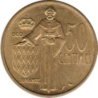 reverse of 50 Centimes - Rainier III (1962) coin with KM# 144 from Monaco. Inscription: 50 CENTIMES DEO JUVANTE