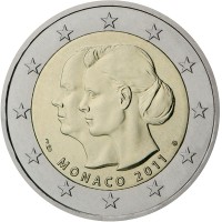 obverse of 2 Euro - Albert II - Royal Wedding (2011) coin with KM# 196 from Monaco. Inscription: MONACO 2011