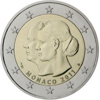 Monaco coin 2 Euro - Albert II - Royal Wedding (2011) obverse obverse of 2 Euro - Albert II - Royal Wedding (2011) coin with KM# 196 from Monaco. Inscription: MONACO 2011