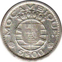 Mozambique coin 5 Escudos (1960) obverse obverse of 5 Escudos (1960) coin with KM# 84 from Mozambique. Inscription: MOÇAMBIQUE 5$00