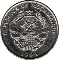 obverse of 1000 Meticais (1994) coin with KM# 122 from Mozambique. Inscription: REPÚBLICA DE MOÇAMBIQUE 1994