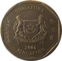 obverse of 1 Dollar - Ribbon downwards (1992 - 2012) coin with KM# 103 from Singapore. Inscription: SINGAPURA 新加坡 SINGAPORE சிங்கப்பூர் MAJULAH SINGAPURA 1995