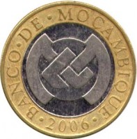 Mozambique coin 10 Meticais (2006) obverse obverse of 10 Meticais (2006) coin with KM# 140 from Mozambique. Inscription: BANCO · DE · MOÇAMBIQUE · 2006 ·