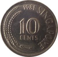 reverse of 10 Cents (1967 - 1985) coin with KM# 3 from Singapore. Inscription: 10 CENTS 1968 SINGAPORE
