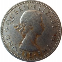 obverse of 1 Shilling - Elizabeth II - 1'st Portrait (1953 - 1965) coin with KM# 27 from New Zealand. Inscription: + QUEEN · ELIZABETH · THE · SECOND