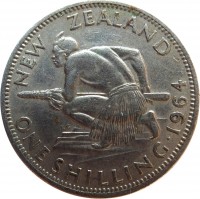 New Zealand coin 1 Shilling - Elizabeth II - 1'st Portrait (1953 - 1965) reverse reverse of 1 Shilling - Elizabeth II - 1'st Portrait (1953 - 1965) coin with KM# 27 from New Zealand. Inscription: NEW ZEALAND ONE SHILLING 1964